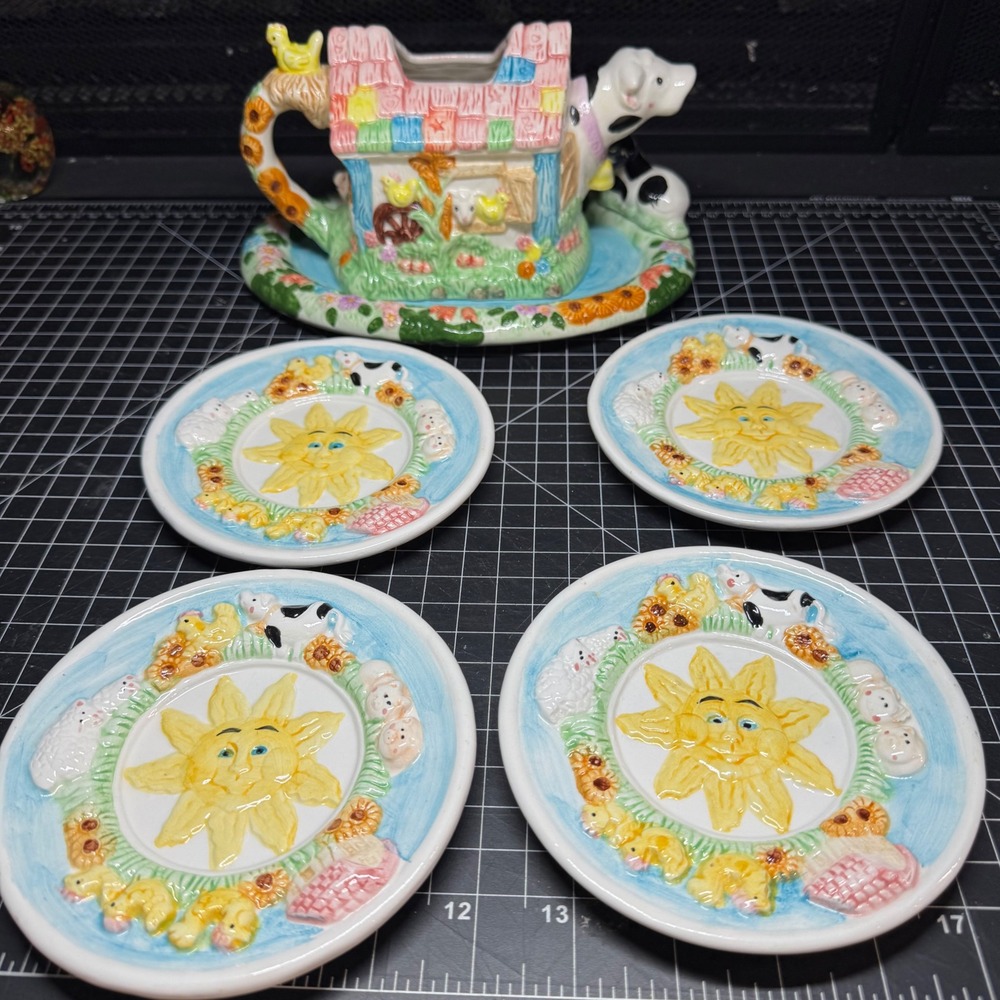 Vintage 1994 Mercuries Farm Barn Teapot Set with Tray and 4 Plates Cow Pig Sheep